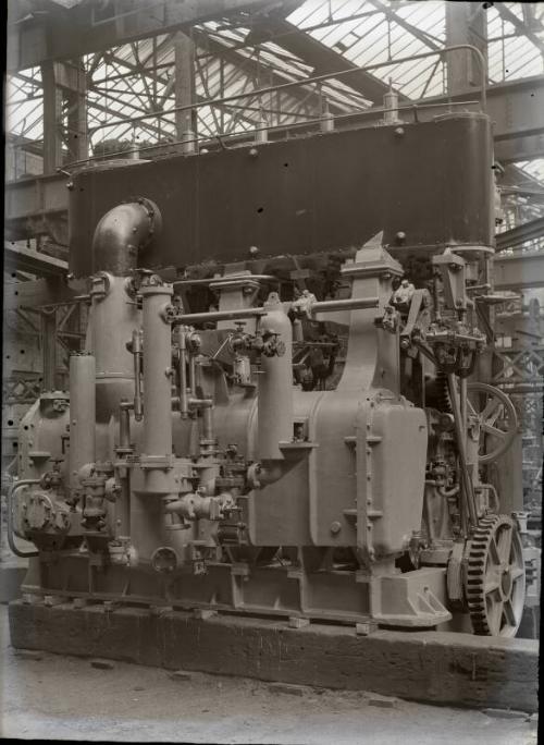 Glass negative showing steam engines being constructed at Hall Russell's shipyard circa 1929