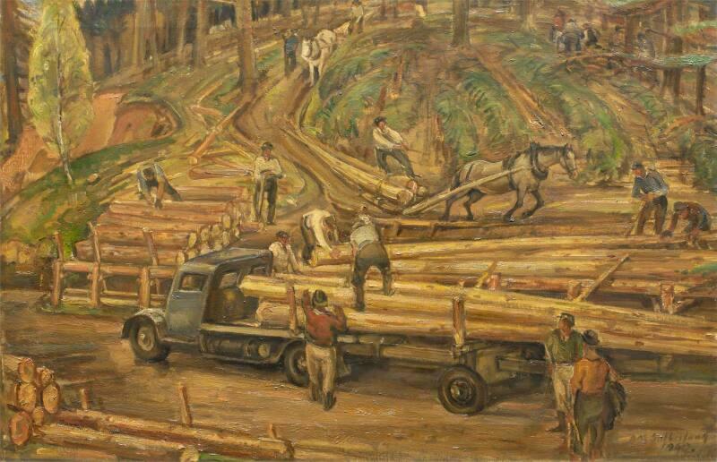 The Loading - Landings, Newfoundland Lumberjacks at Work in Scottish Forest