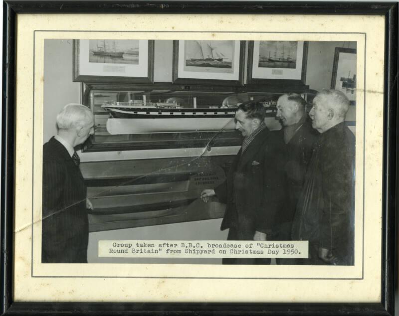 Framed black and white photograph taken post BBC broadcast of 'Christmas Round Britain' from Sh…