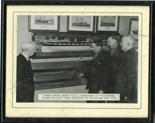 Framed black and white photograph taken post BBC broadcast of 'Christmas Round Britain' from Sh…