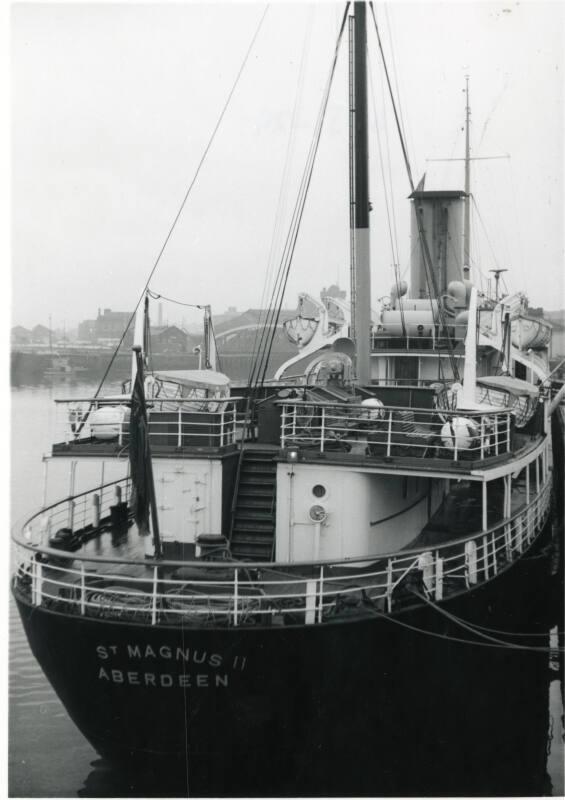 Black and white photograph showing the stern of St Magnus (IV) while renamed St Magnus II, Aber…