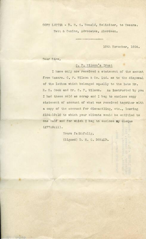 Correspondence and Statement of Account for Lathes Sold by C F Wilson & Co. Ltd.