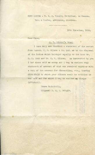 Correspondence and Statement of Account for Lathes Sold by C F Wilson & Co. Ltd.