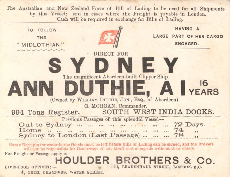 Flyer Advertising a Voyage of the Ship Ann Duthie from London to Sydney