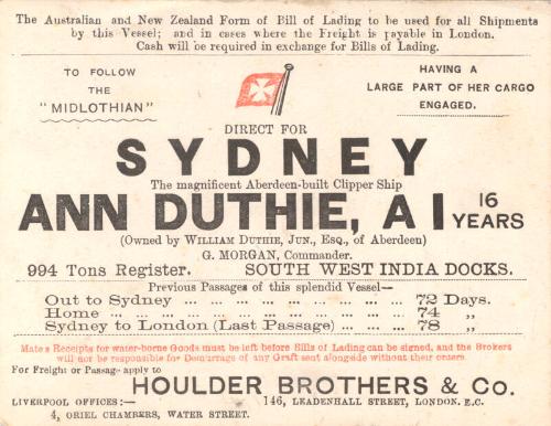 Flyer Advertising a Voyage of the Ship Ann Duthie from London to Sydney