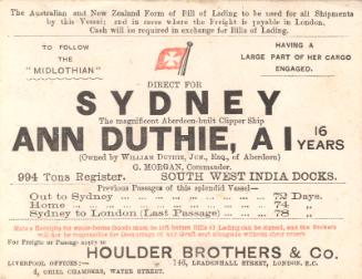 Flyer Advertising a Voyage of the Ship Ann Duthie from London to Sydney