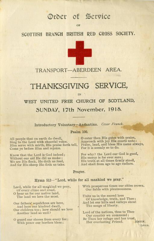 Programme for Thanksgiving Service organised by Scottish Branch British Red Cross Society.