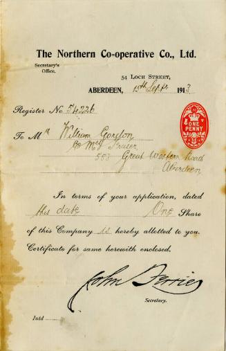 Letter Confirming Ownership of One Share in Northern Co-operative Company