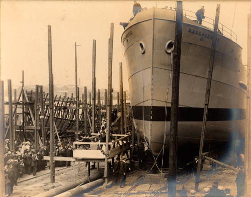 Black and white photograph Of The Launch Of The steamer 'Ballochbuie' At The John Duthie Torry …