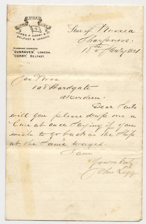 Letter of Reference for James Ross, Sailmaker