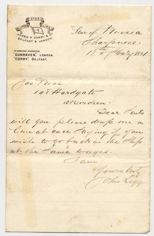 Letter of Reference for James Ross, Sailmaker