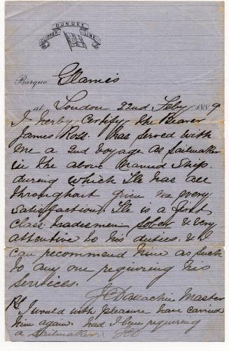 Letter of Reference for James Ross, Sailmaker