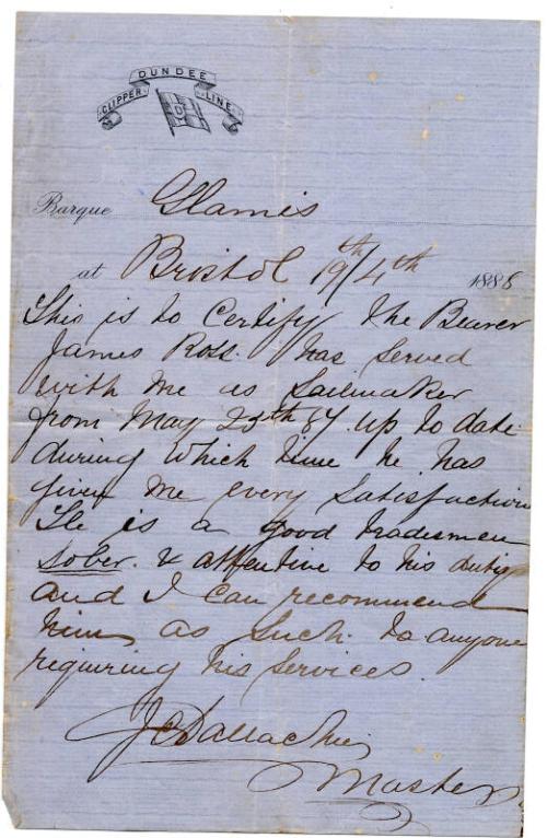 Letter of Reference for James Ross, Sailmaker