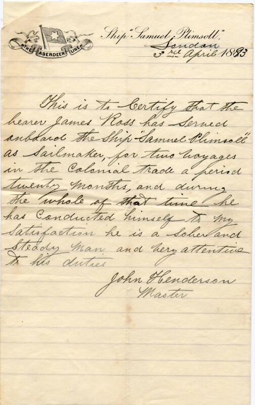 Letter of Reference for James Ross, Sailmaker