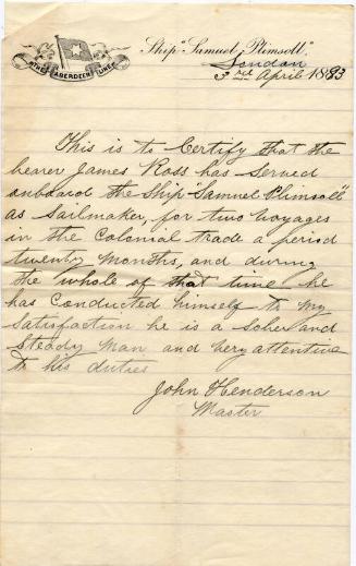 Letter of Reference for James Ross, Sailmaker