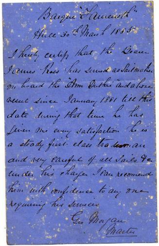 Letter of Reference for James Ross, Sailmaker