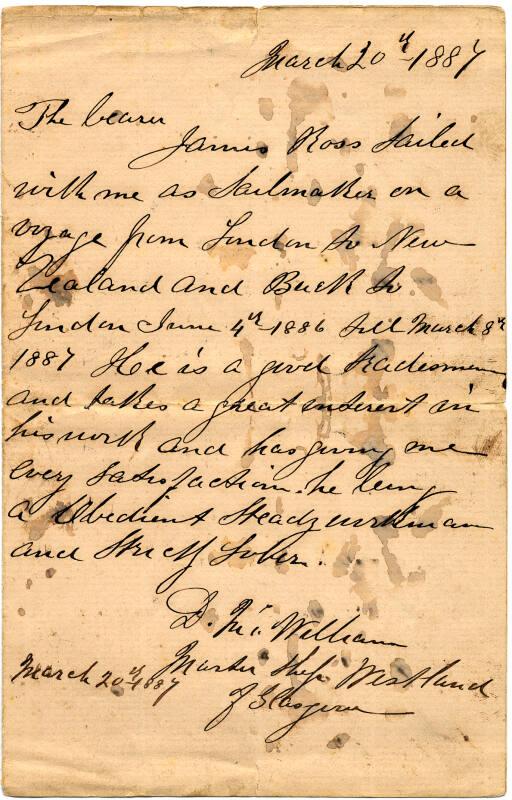 Letter of Reference for James Ross, Sailmaker