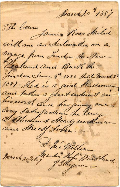 Letter of Reference for James Ross, Sailmaker