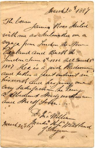 Letter of Reference for James Ross, Sailmaker