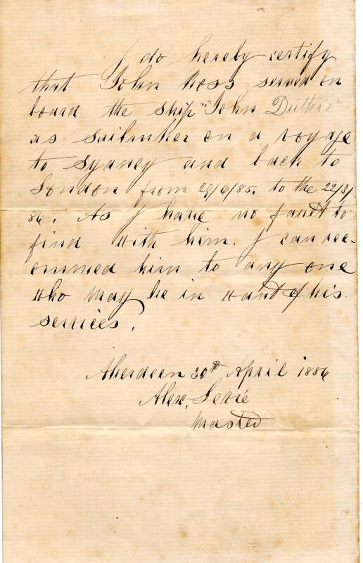 Letter of Reference for James Ross, Sailmaker