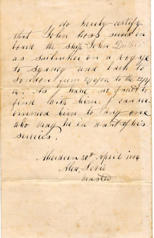 Letter of Reference for James Ross, Sailmaker