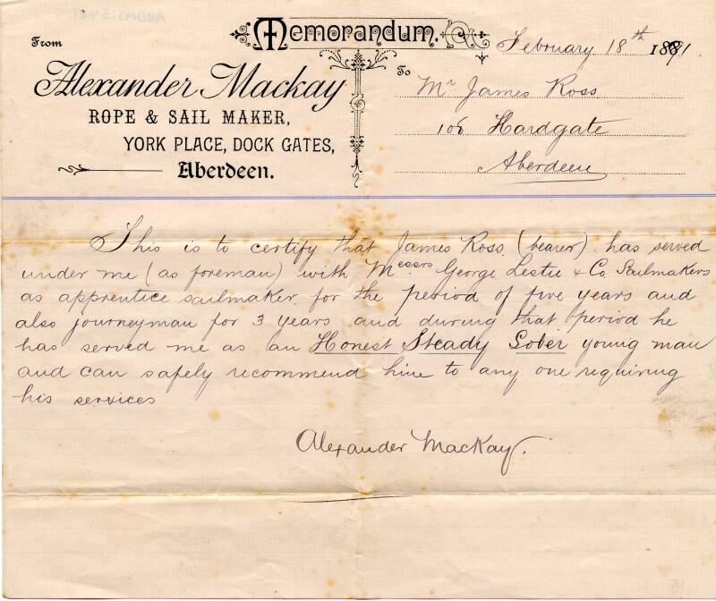 Letter of Reference for James Ross, Sailmaker