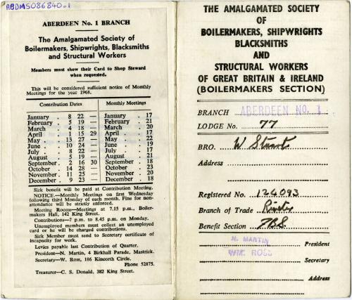 The Amalgamated Society of Boilermakers, Shipwrights, Blacksmiths and Structural Workers of Great Britain and Ireland subscription contribution card