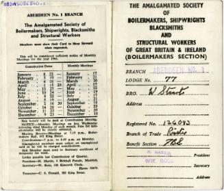 The Amalgamated Society of Boilermakers, Shipwrights, Blacksmiths and Structural Workers of Great Britain and Ireland subscription contribution card