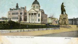 Postcard showing the Free Library, Free S. Church and Wallace Statue in Aberdeen