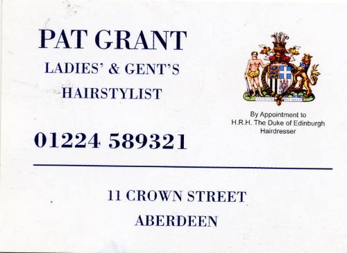 Business Card for Pat Grant, Ladies' and Gent's Hairstylist