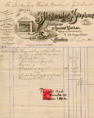 Invoice for Furnishings at House on King Street, from Alexander Stephen, Plaster and Cement Worker