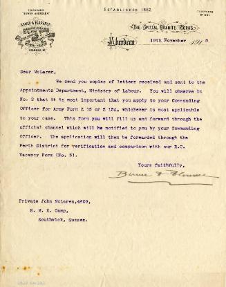 Letter Requesting Early Demobilization from the Army, dated 19 November 1918