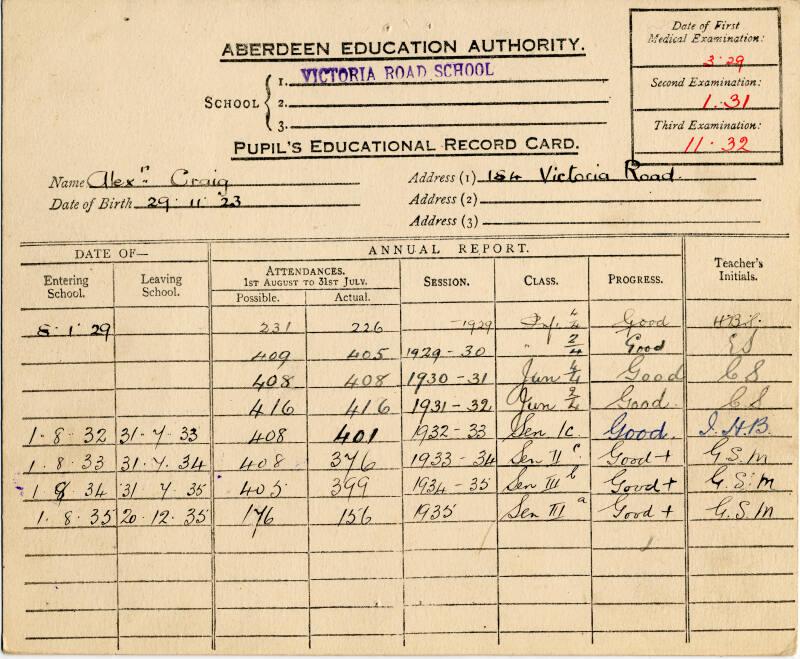 Aberdeen Education Authority Pupil's Educational Record Card for Alexander Craig