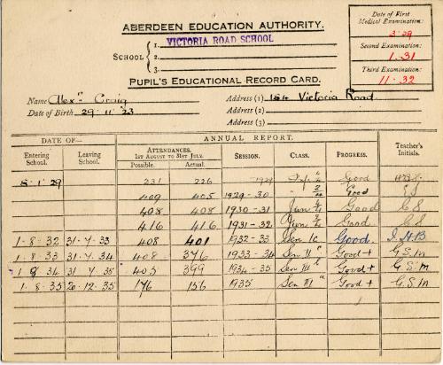 Aberdeen Education Authority Pupil's Educational Record Card for Alexander Craig