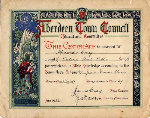 Aberdeen Town Council Education Committee Certificate of Proficiency in Bible Knowledge