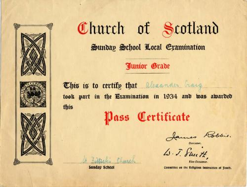 Church of Scotland Sunday School Local Examination Pass Certificate