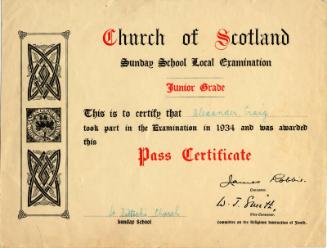 Church of Scotland Sunday School Local Examination Pass Certificate