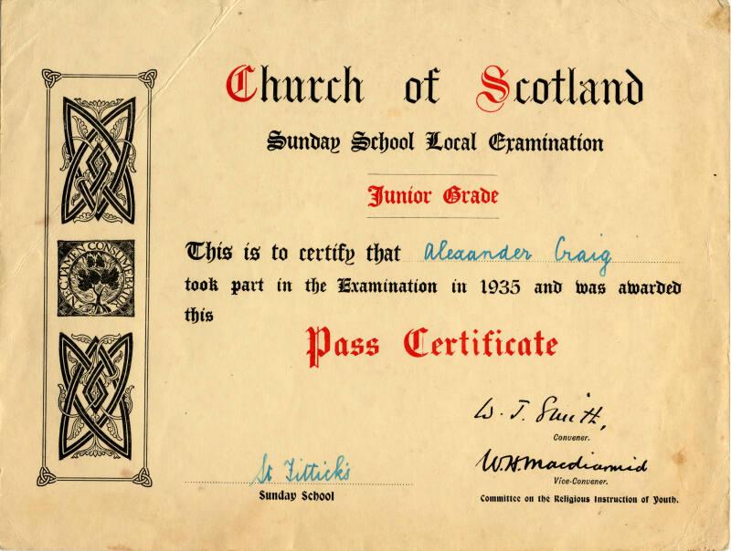 Church of Scotland Sunday School Local Examination Pass Certificate