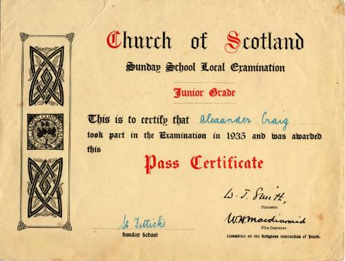 Church of Scotland Sunday School Local Examination Pass Certificate