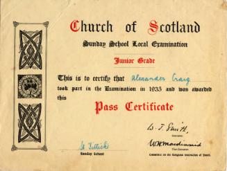 Church of Scotland Sunday School Local Examination Pass Certificate