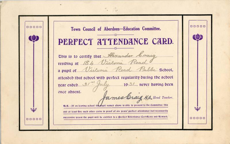 Town Council of Aberdeen Education Committee Perfect Attendance Card