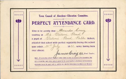 Town Council of Aberdeen Education Committee Perfect Attendance Card