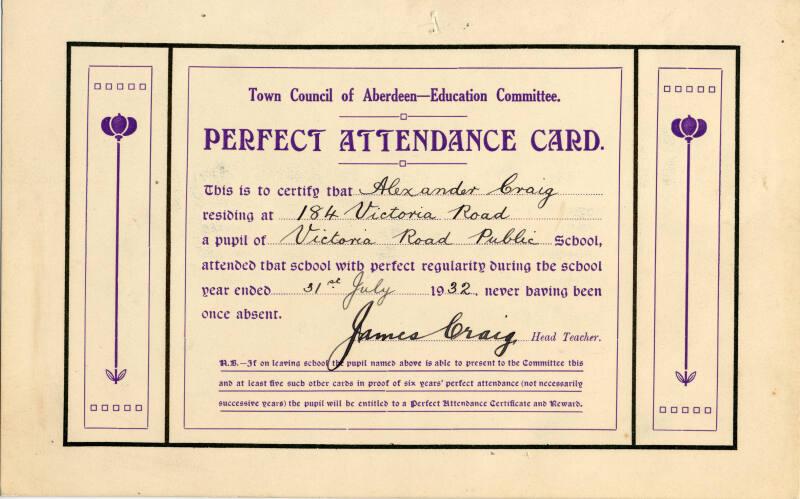 Town Council of Aberdeen Education Committee Perfect Attendance Card