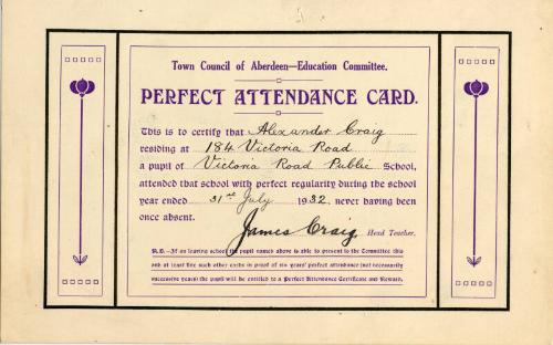 Town Council of Aberdeen Education Committee Perfect Attendance Card