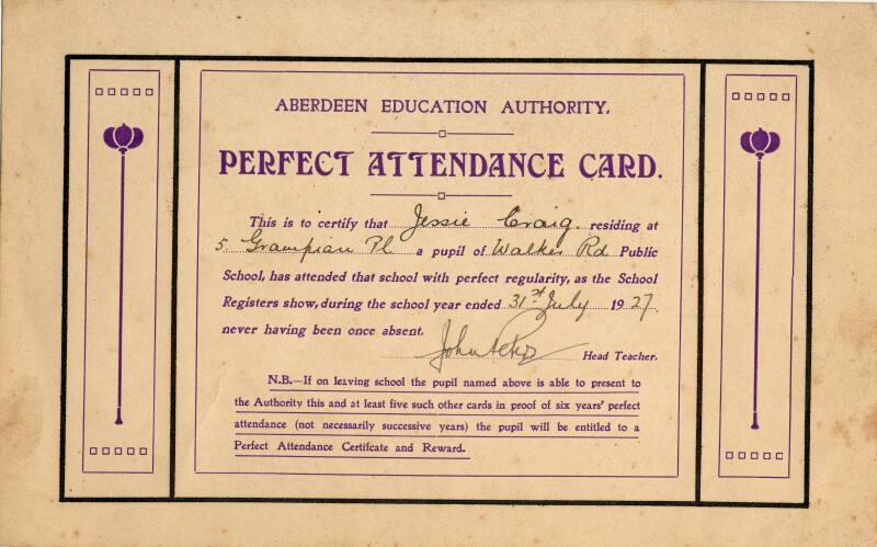 Aberdeen Education Authority Perfect Attendance Card