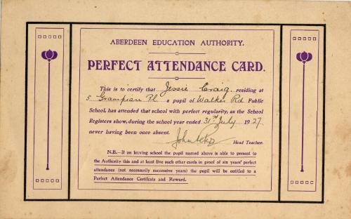 Aberdeen Education Authority Perfect Attendance Card