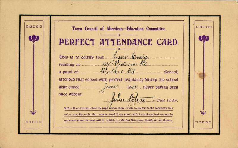 Town Council of Aberdeen Education Committee Perfect Attendance Card