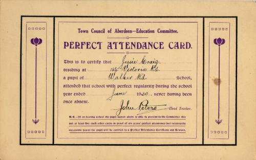 Town Council of Aberdeen Education Committee Perfect Attendance Card