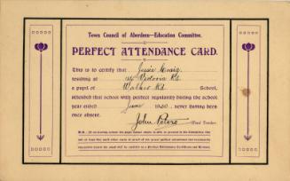 Town Council of Aberdeen Education Committee Perfect Attendance Card