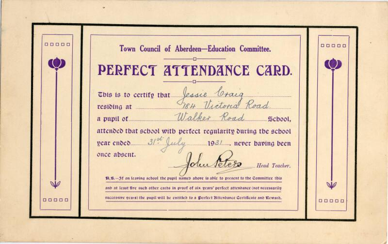 Town Council of Aberdeen Education Committee Perfect Attendance Card